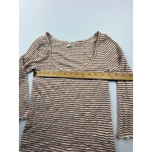 BP. Womens Striped Ribbed Knit‎ Scoop Neck Long Sleeve Top Brown White Size S thumbnail 4