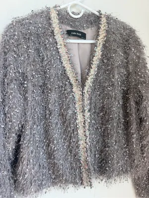 Zara Basic Fringed Fluffy Shaggy Cropped Cardigan Jacket thumbnail 1