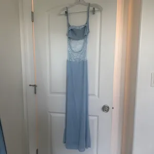 SHEIN Baby Blue Lace Mesh Cowl Neck Draped Maxi Dress thumbnail 2