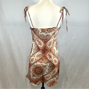 Molly Green white and rust boho tie shoulder satin slip mini dress size small thumbnail 3