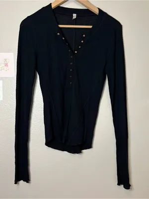 Free people bohochic Black LongSleeve Waffle Henley Top casual fall dark coquett thumbnail 5