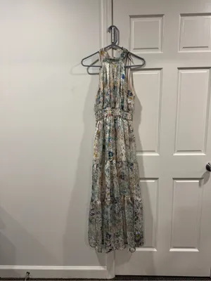 Anthropologie Halter Midi Dress in Light Blue Watercolor thumbnail 2