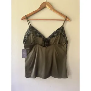 Auden Sz S Lace Trim Satin Pajama Tank Top Olive Green Pullover Cami thumbnail 3