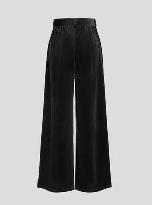 Cider Velvet Mid Waist Pocket Wide Leg Trousers with Belt Black XS thumbnail 2