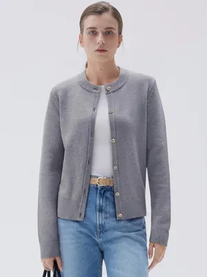 Women’s S Gray Cashmere Blend Cardigan Sweater Gold Knot Buttons Quiet Luxury thumbnail 2