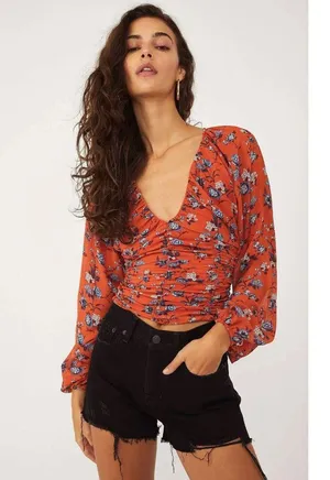 Free People Final Rose Blouse Rust Orange Floral Ruched Sweetheart Top Large thumbnail 5