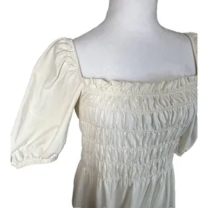 H&M Ivory Puff Sleeve‎ Smocked Cotton Midi Dress Sz S Milkmaid Cottagecore Romantic thumbnail 2