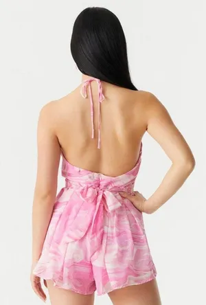 Charlotte Russe Chiffon Marble Print Cut-Out Self-Tie Halter Neck Romper thumbnail 2