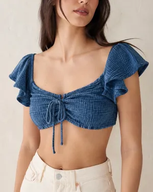 Anthropologie Daily Practice Blue Smocked Tie Front Crop Top M thumbnail 1
