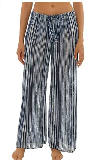 BECCA‎ Striped Wide-Leg Coverup Pants - Navy & White nwt med thumbnail 1