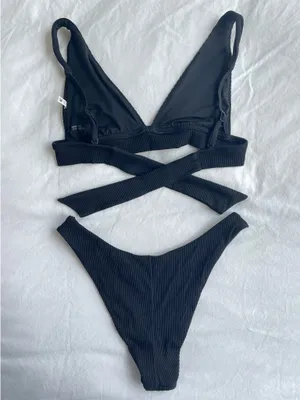Aerie Black Ribbed Triangle Bikini Cheeky Bottom Set thumbnail 2