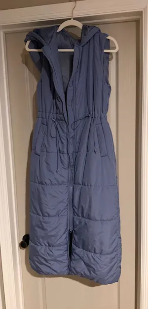 Dusty blue full length puffy vest with hood thumbnail 1