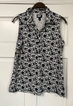 Lands' End Black & White Floral Sleeveless Collared Tank thumbnail 1