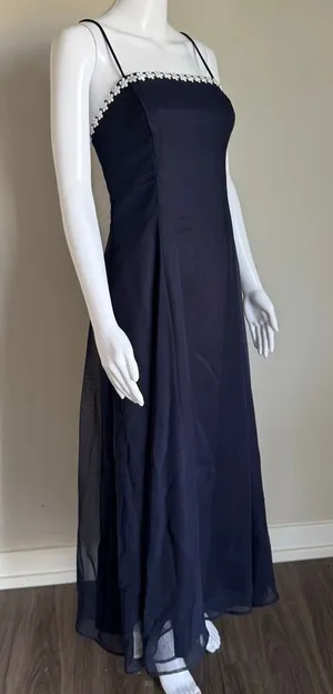 VTG 90’s Chiffon Layered Maxi Dress With Silver Flower Beaded Trim Prom Navy thumbnail 1