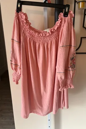 Easel Pink Off The Shoulder Embroidered Floral Boho Peasant Blouse Top Large thumbnail 1