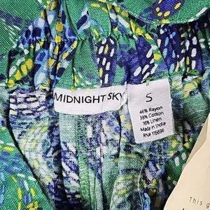 Midnight Sky -175‎ Blue Green Floral Linen Blend Tie Waist Wide Leg Pants Size S thumbnail 5