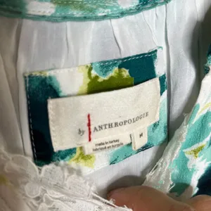 By Anthropologie Robin Tiered Mini Dress Teal Green Floral V-Neck Lace‎ Trim M thumbnail 2