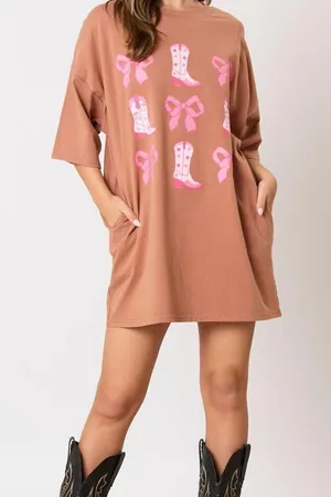 Peach Love California WASHED RIBBON & WESTERN BOOTS T-SHIRT DRESS NWOT Punch LOVE SIZE S thumbnail 1