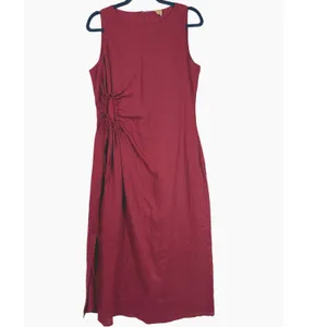 Magaschoni Womens Burgundy 100% Linen Side Cutout Drawstring Maxi Dress Size 6 thumbnail 3