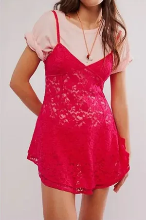 Women’s Intimately Free People Hot Pink Floral Lace Mini Slip Dress Size L thumbnail 1