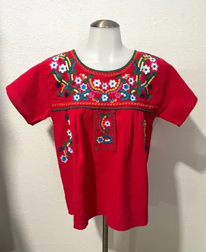 Mexican Floral Embroidered Cotton Top Size Medium Red thumbnail 1