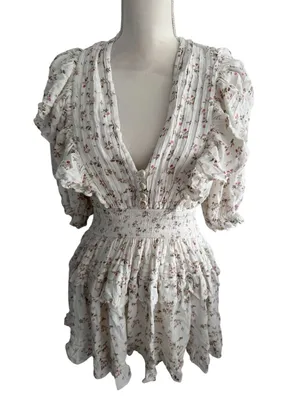 JENS PIRATES BOOTY Floral White Smocked Waist Mini Dress Size XL thumbnail 5