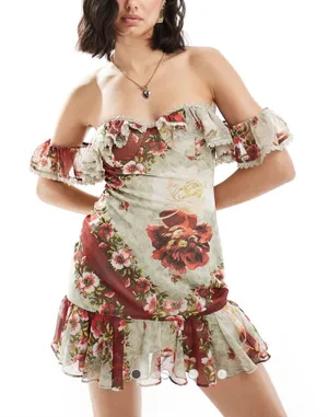 ASOS Red And Cream Off The Shoulder Floral Ruffle Trim Mini Dress US Size 4 thumbnail 1