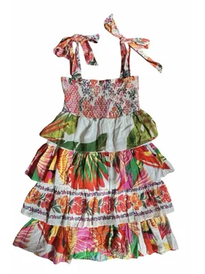 Farm Rio Mixed White Print Layered Dress M Tropical Floral Tiered cotton smocked thumbnail 3