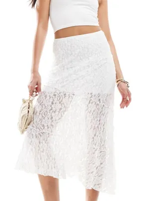 Bershka lace midi skirt in white thumbnail 1