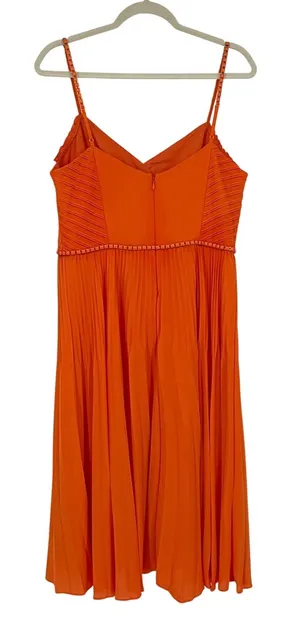 Karen Millen Orange Pleated Midi Dress US 10 Beaded Straps Wedding Guest thumbnail 1