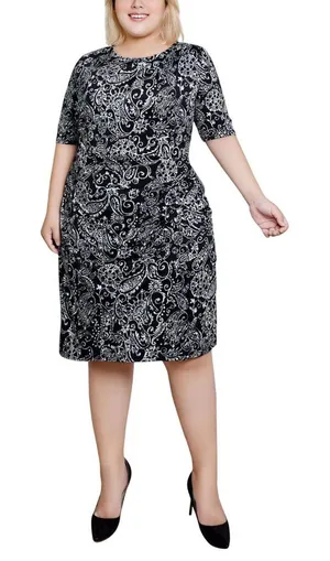 NWT NY Collection Size Elbow Sleeve Side Pleat Dress Night Historic Black 1X thumbnail 1