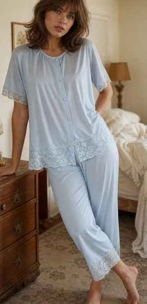 Vintage Henson Kickernick Women Pajamas Light Blue Nylon Lace Set 2pc Fair thumbnail 1