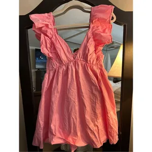 NEW Deep V Neck Ruffle Sleeve Mini Backless Dress L Pink Size L thumbnail 3
