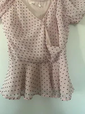 Pink Black Polka Dot Coquette Blouse Small Puff Sleeve Peplum Top Romantic thumbnail 4