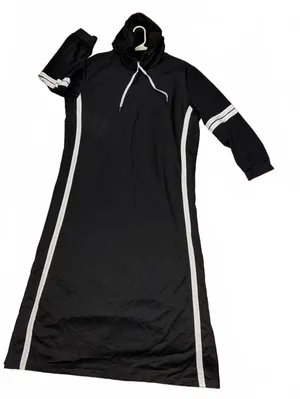 Black Drawstring Hoodie Maxi Dress White Contrast Racing Stripes 54”L thumbnail 1