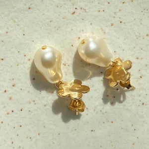 Handmade gold stainless flower baroque pearl dangle dangle earrings🌼 thumbnail 7