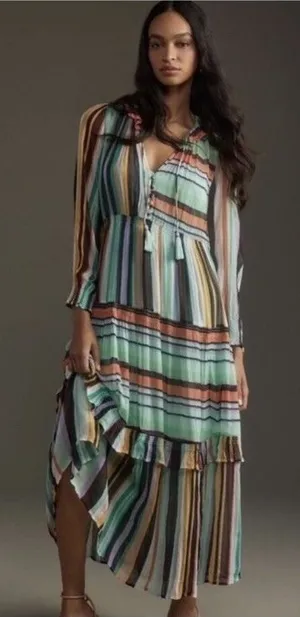 Anthropologie The Marais Printed Striped Chiffon Maxi‎ Dress Size XS Boho Chic thumbnail 1