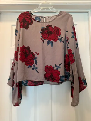 Floral Bell-Sleeve Blouse in Taupe with Red Roses thumbnail 1