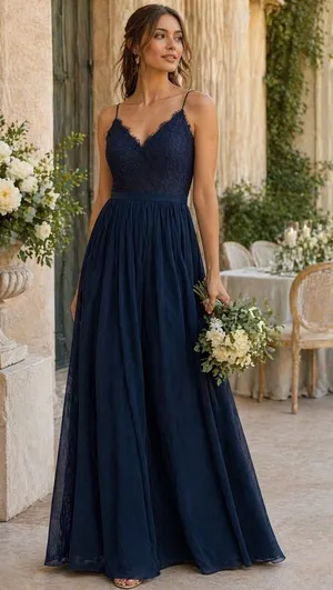 NWT Weddington Way Navy Lace Bodice Maxi Dress Size 2 Bridesmaid Formal Gown thumbnail 1