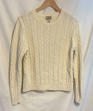 L.L. Bean Collegiate Preppy Women's Cream Cable Crewneck Sweater SZ M 100%Cotton thumbnail 1