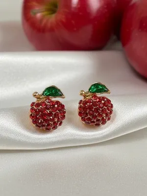 Red Crystal Apple Stud Earrings with Green Enamel Leaf thumbnail 3