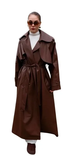 Brown Faux Leather Trench Coat with Belt – Brand New thumbnail 1