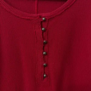 Lucky Brand Cable Knit Sleeve Thermal Henley Top M Red Cotton Boho Gorpcore Fall thumbnail 2