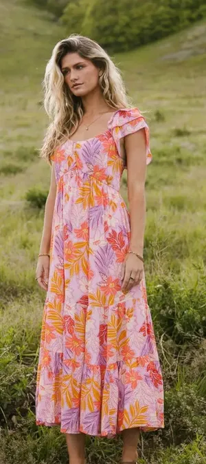 In the Beginning Pink & Orange Floral Midi Dress with V Neckline thumbnail 1