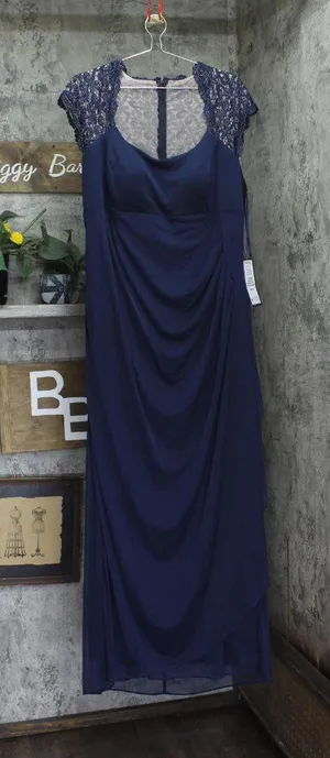 X By Xscape Plus Size Ruched Lace Gown Dress XC121W Navy Blue 18W thumbnail 1
