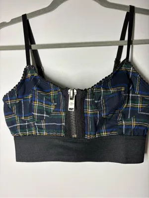 Current Mood Dolls Kill Navy Green Plaid Zip-Front Bralette top thumbnail 2