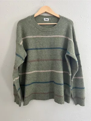 Pulse Olive Green Crewneck Sweater with Stripes Casual Fall Comfy XL thumbnail 1