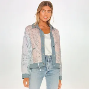 BLANK NYC Reversible Quilted Denim Jacket Large Blue Floral Snap Front Coat thumbnail 8