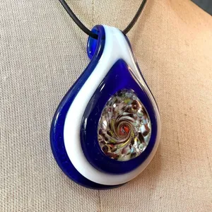 Handmade Murano Inspired Blown Glass Blue and White Teardrop pendant necklace on thumbnail 2