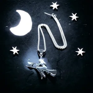 Witch Broom Cat Pendant Necklace Women Witchcraft Silvery Color Hollow Out‎ thumbnail 4